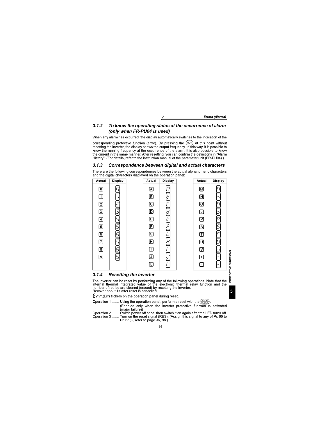 Mitsubishi Electronics FR-S500 Correspondence between digital and actual characters, Resetting the inverter 