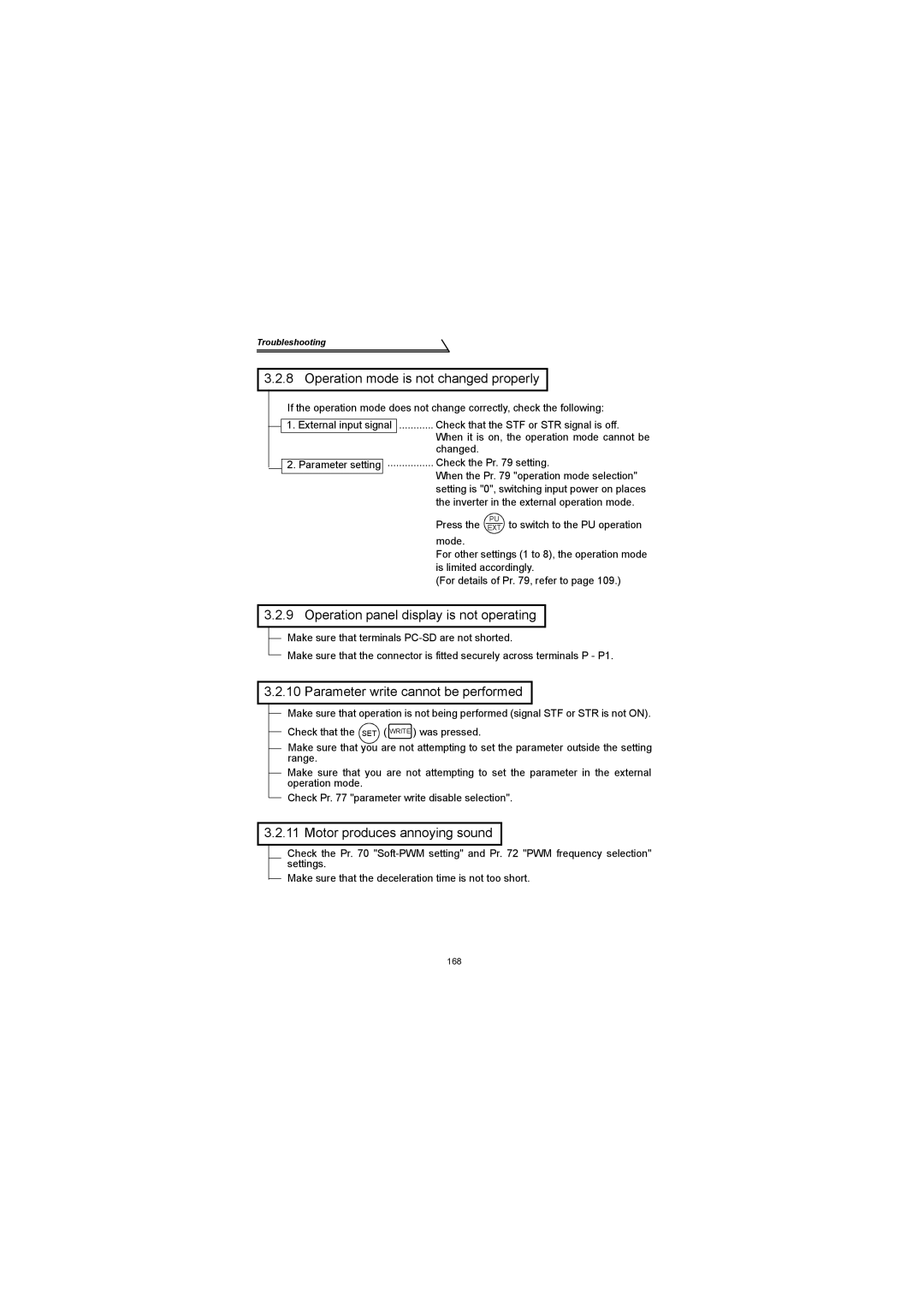 Mitsubishi Electronics FR-S500 instruction manual Operation mode is not changed properly 