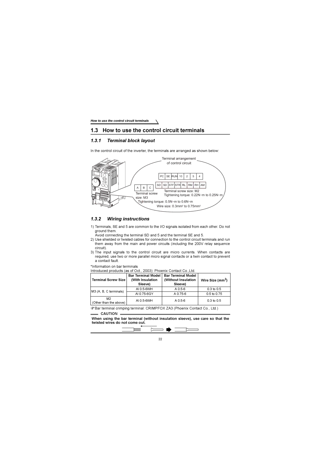 Mitsubishi Electronics FR-S500 How to use the control circuit terminals, Bar Terminal Model Wire Size mm2 