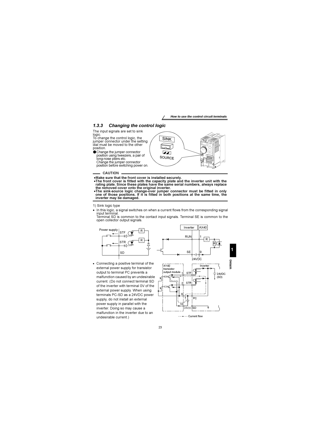 Mitsubishi Electronics FR-S500 instruction manual Changing the control logic, Stf Str, RUN 24VDC 