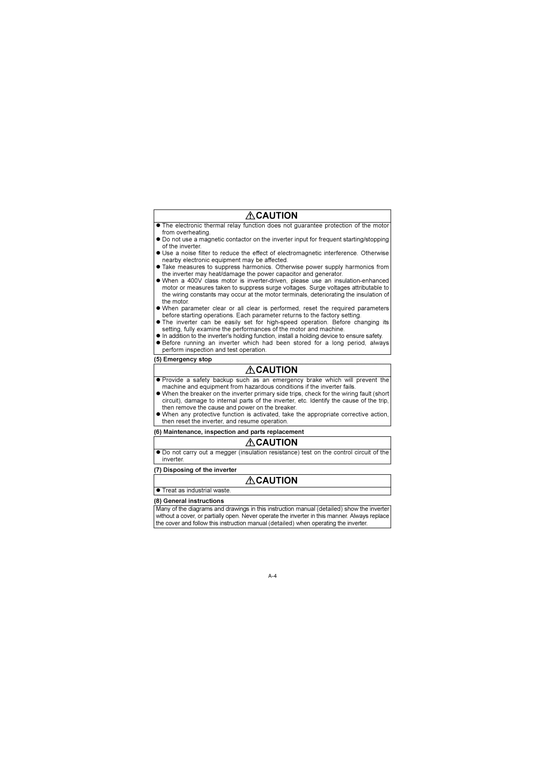 Mitsubishi Electronics FR-S500 Emergency stop, Maintenance, inspection and parts replacement, Disposing of the inverter 