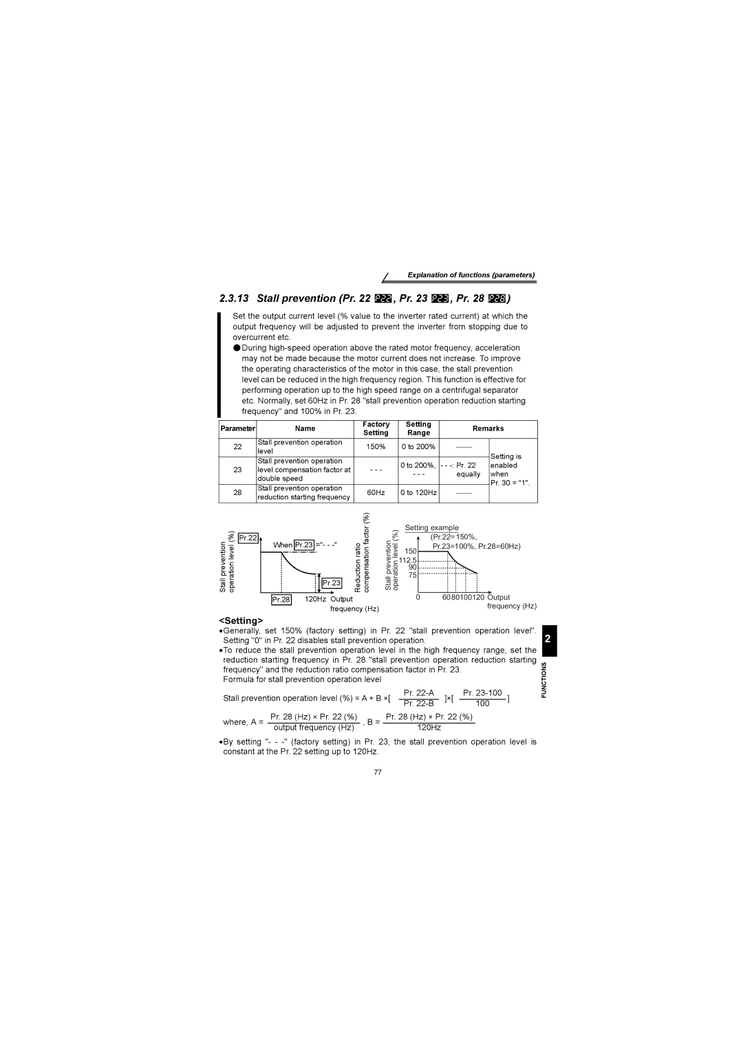 Mitsubishi Electronics FR-S500 instruction manual Stall prevention Pr , Pr , Pr, Name Factory Setting Remarks Range 