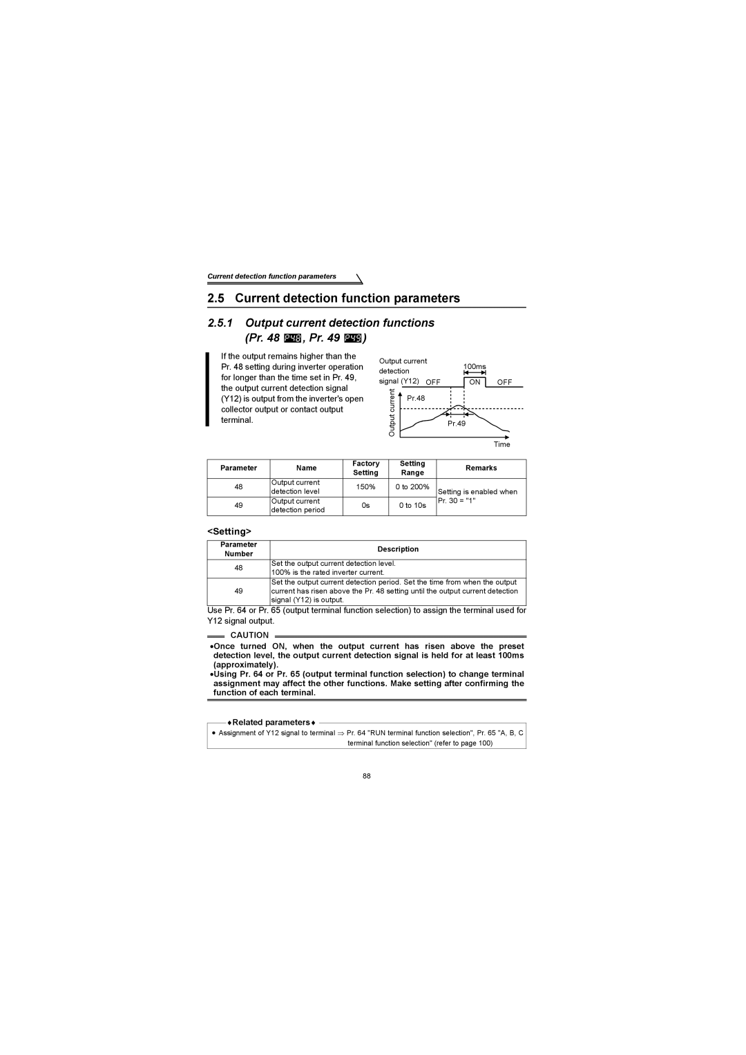 Mitsubishi Electronics FR-S500 instruction manual Current detection function parameters, On OFF 