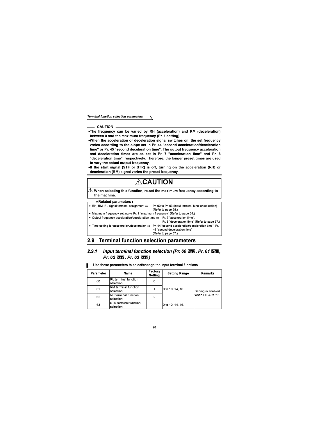 Mitsubishi Electronics FR-S500 instruction manual Terminal function selection parameters 