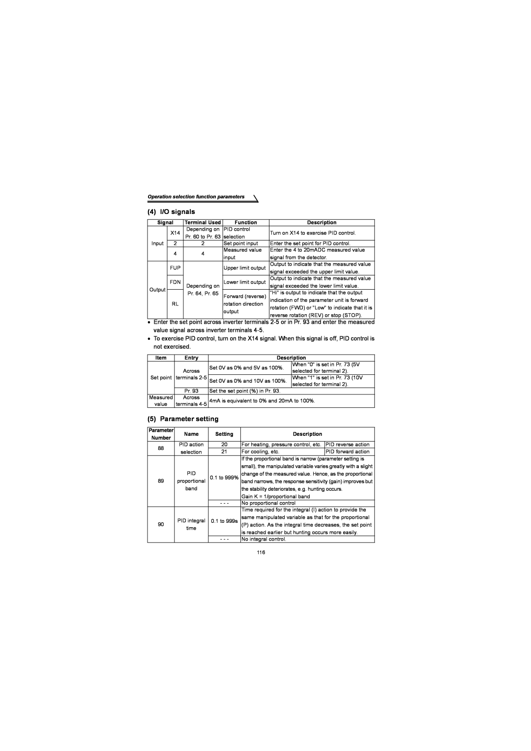 Mitsubishi Electronics FR-S500 instruction manual 4 I/O signals, Parameter setting 