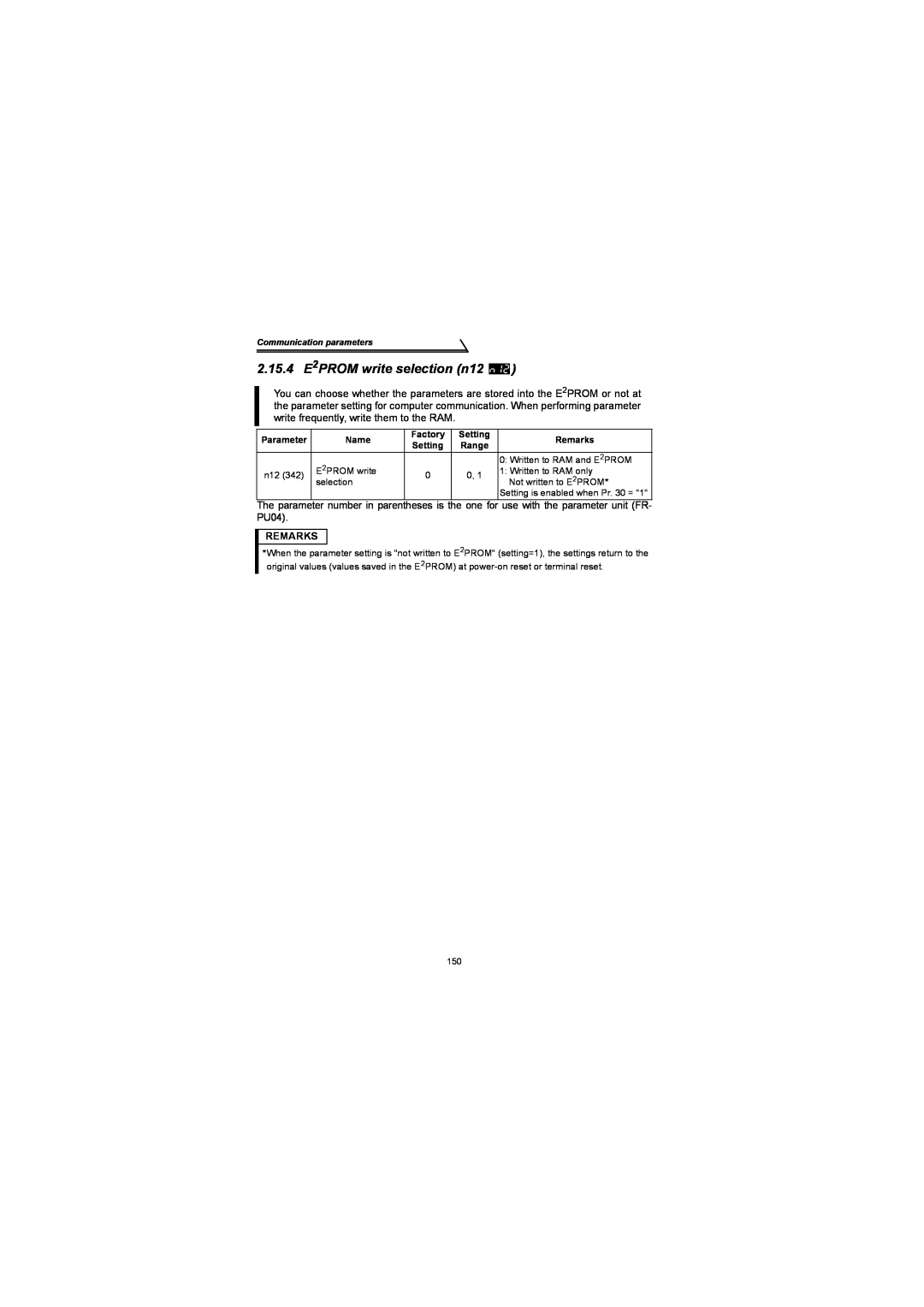 Mitsubishi Electronics FR-S500 instruction manual 2.15.4 E2PROM write selection n12, Remarks 