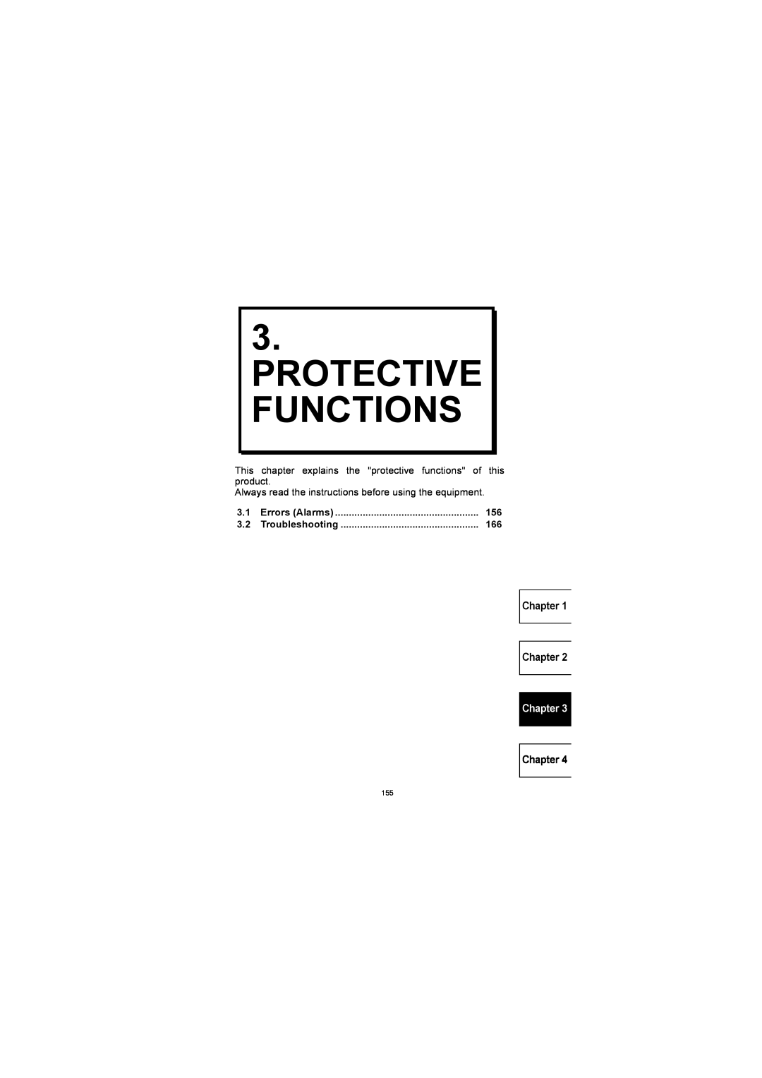 Mitsubishi Electronics FR-S500 Protective Functions, Chapter Chapter, product, Troubleshooting, Errors Alarms 