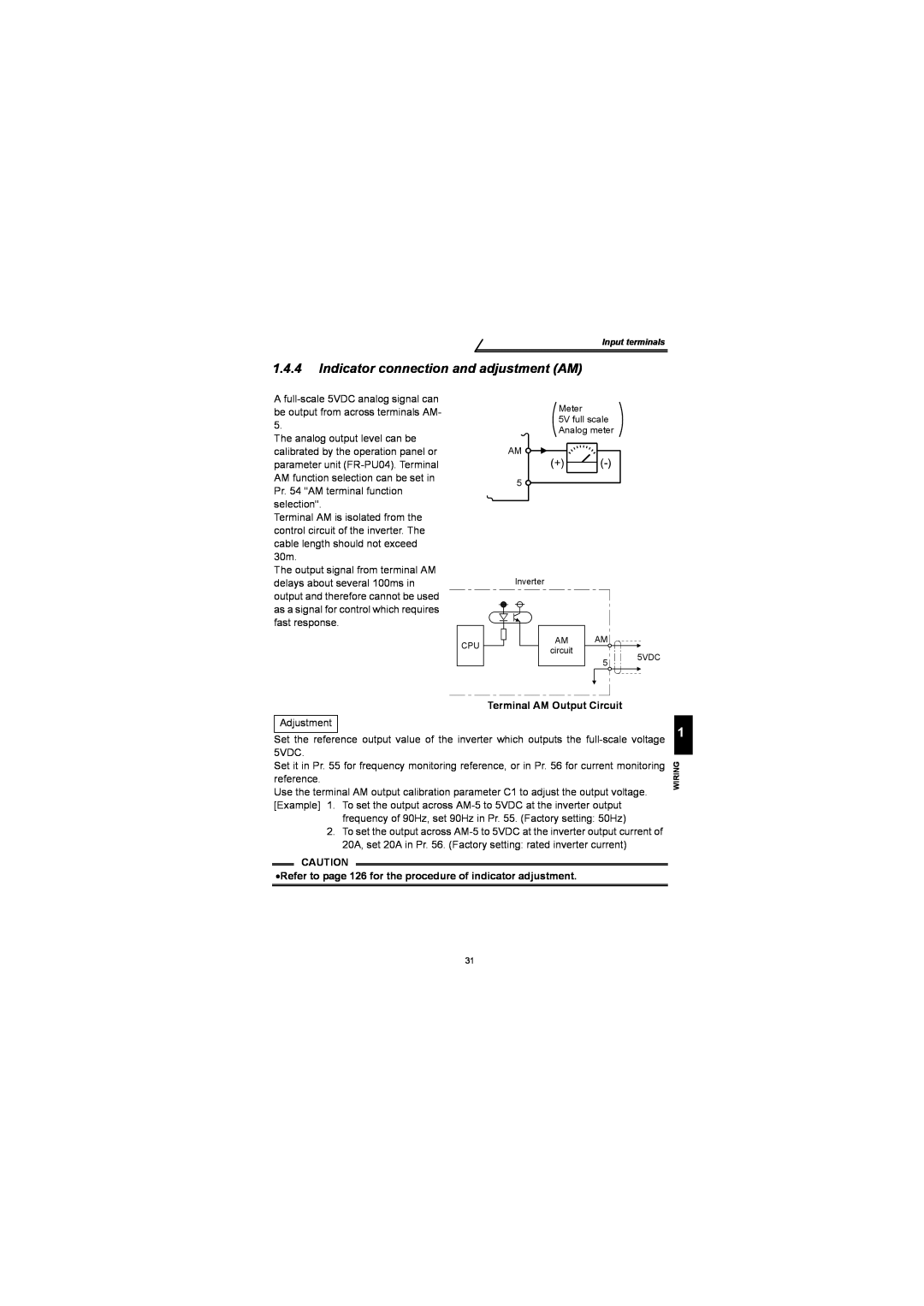 Mitsubishi Electronics FR-S500 instruction manual Indicator connection and adjustment AM, Terminal AM Output Circuit 