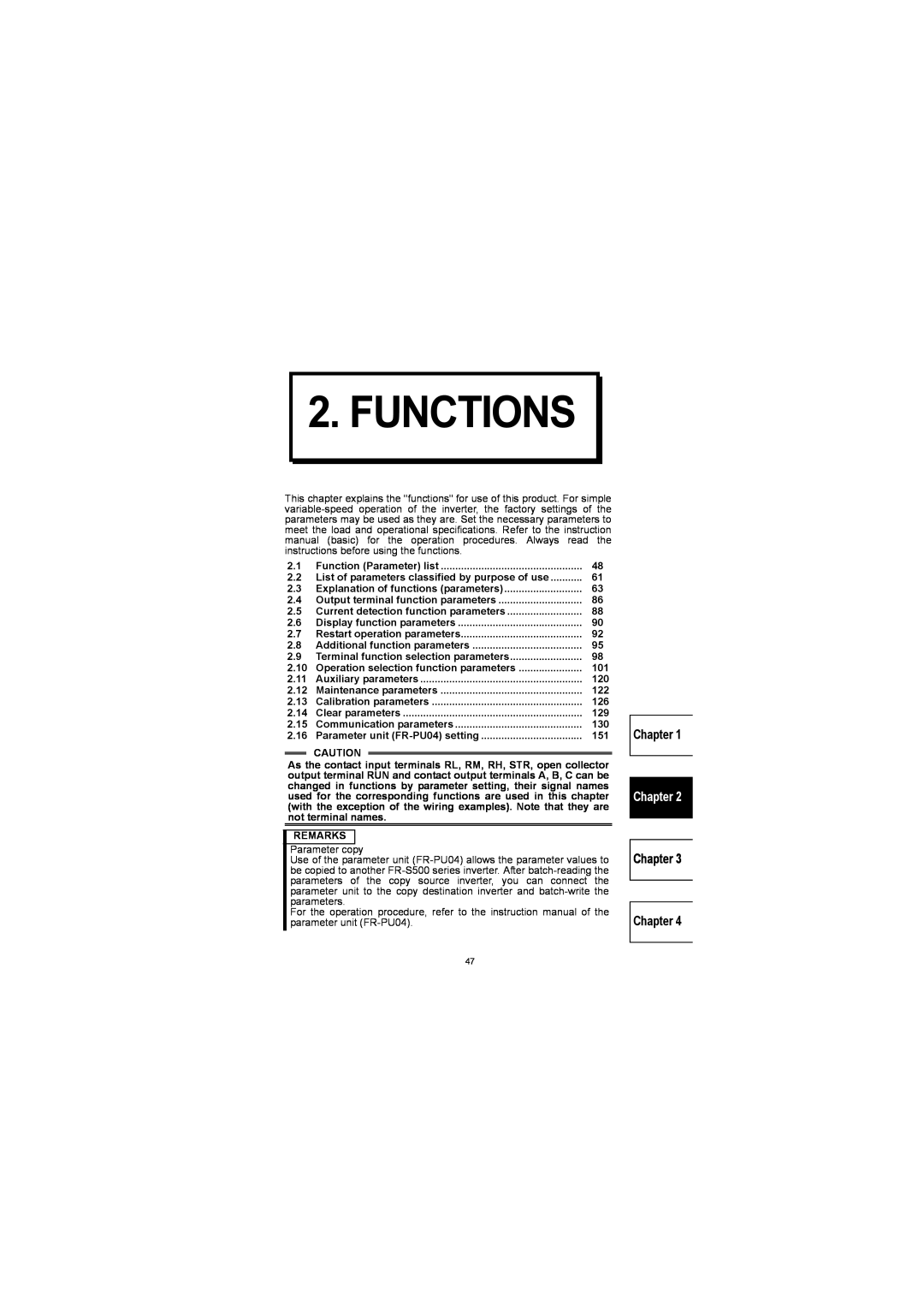 Mitsubishi Electronics FR-S500 instruction manual Functions, Chapter Chapter 