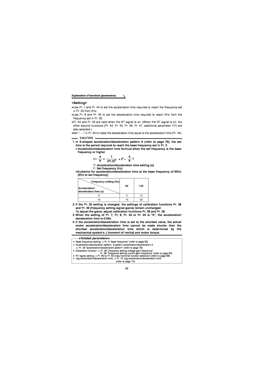 Mitsubishi Electronics FR-S500 instruction manual Setting, Pr.3, Acceleration, deceleration time s 
