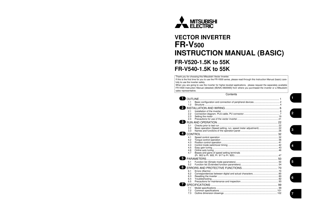 Mitsubishi Electronics FR-V500 instruction manual Thank you for choosing this Mitsubishi Vector Inverter, 101, 102 