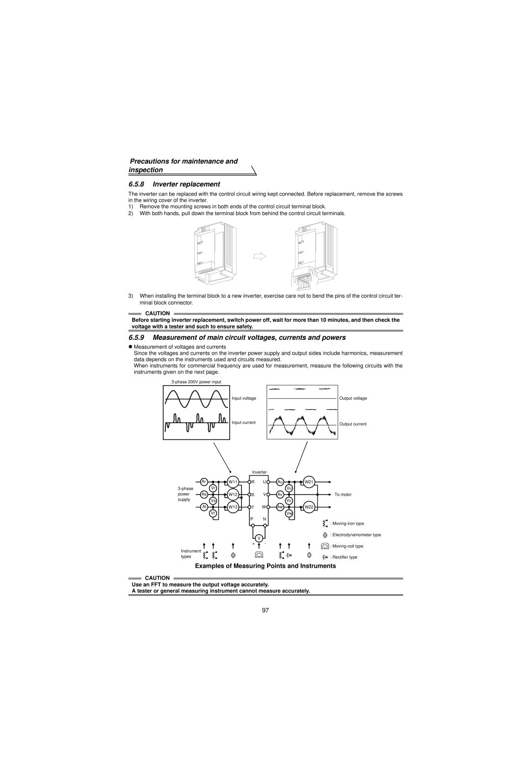 Mitsubishi Electronics FR-V500 instruction manual Measurement of main circuit voltages, currents and powers 