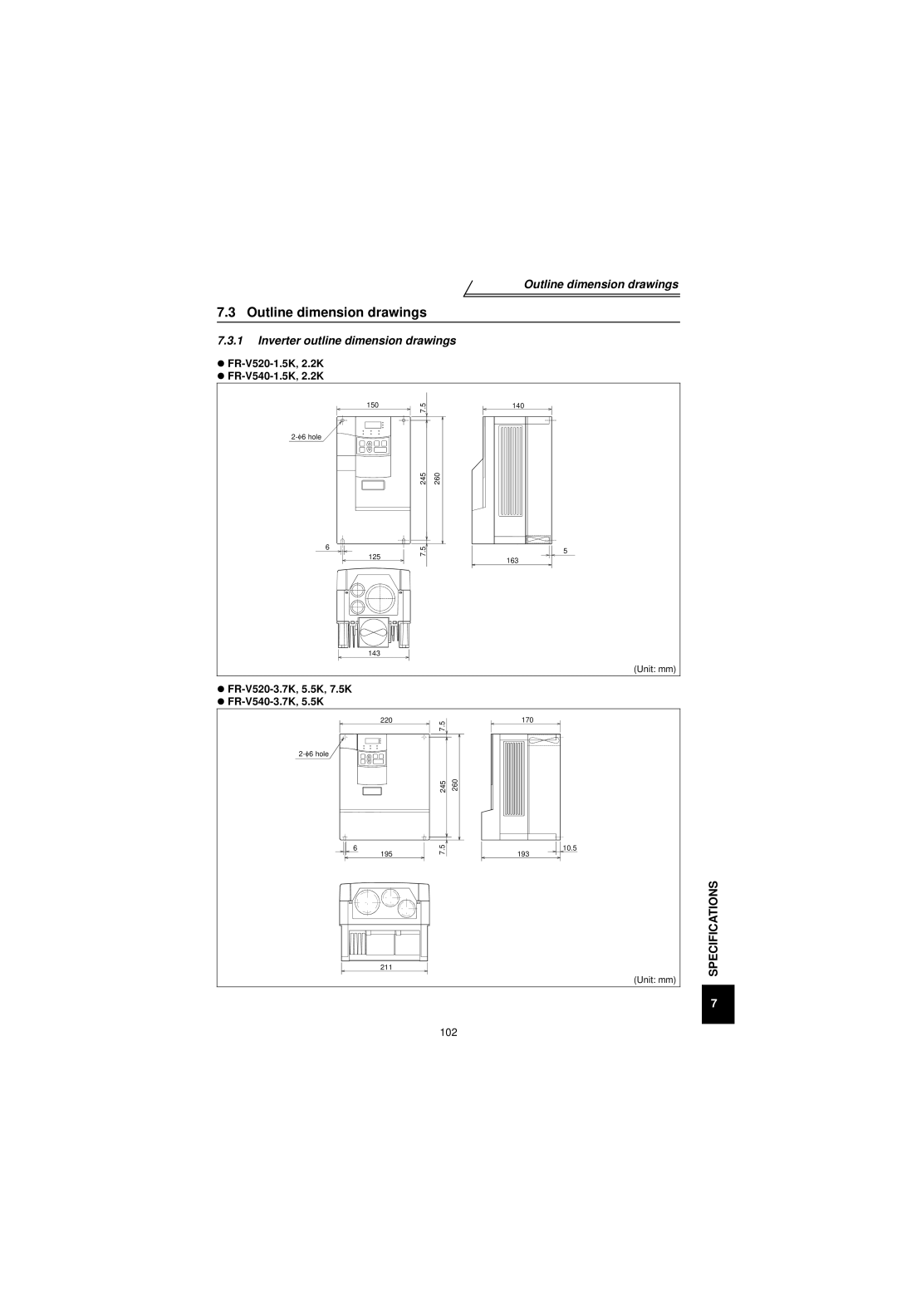 Mitsubishi Electronics FR-V500 Outline dimension drawings, Inverter outline dimension drawings, FR-V540-3.7K‚ 5.5K 