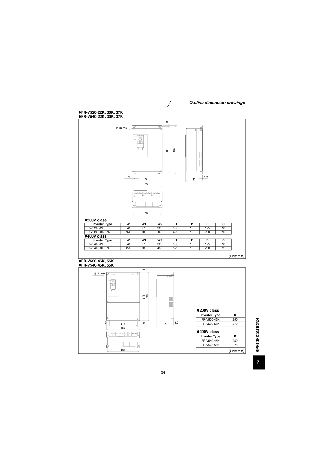 Mitsubishi Electronics FR-V500 instruction manual FR-V520-22K, 30K‚ 37K !FR-V540-22K, 30K‚ 37K, Inverter Type 