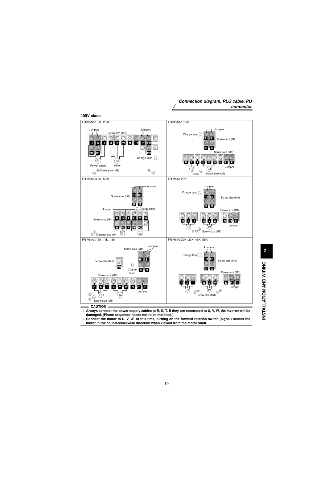 Mitsubishi Electronics FR-V500 instruction manual 400V class, Screw size M6 