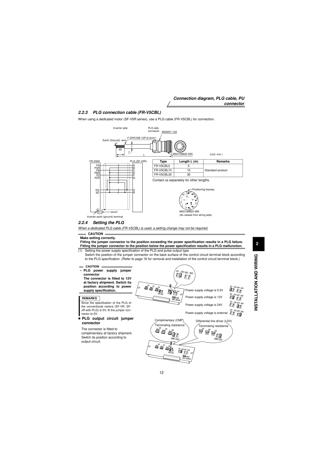 Mitsubishi Electronics FR-V500 instruction manual Setting the PLG, PLG output circuit jumper connector, Type Length L m 