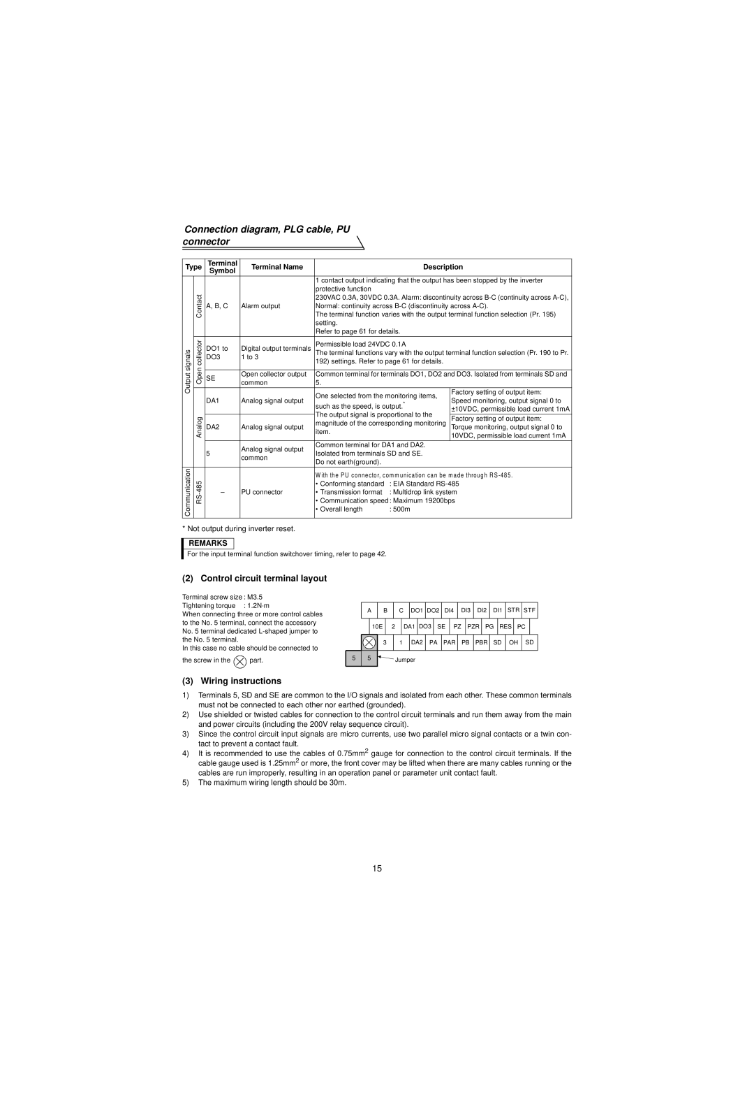 Mitsubishi Electronics FR-V500 Control circuit terminal layout, Wiring instructions, Not output during inverter reset 