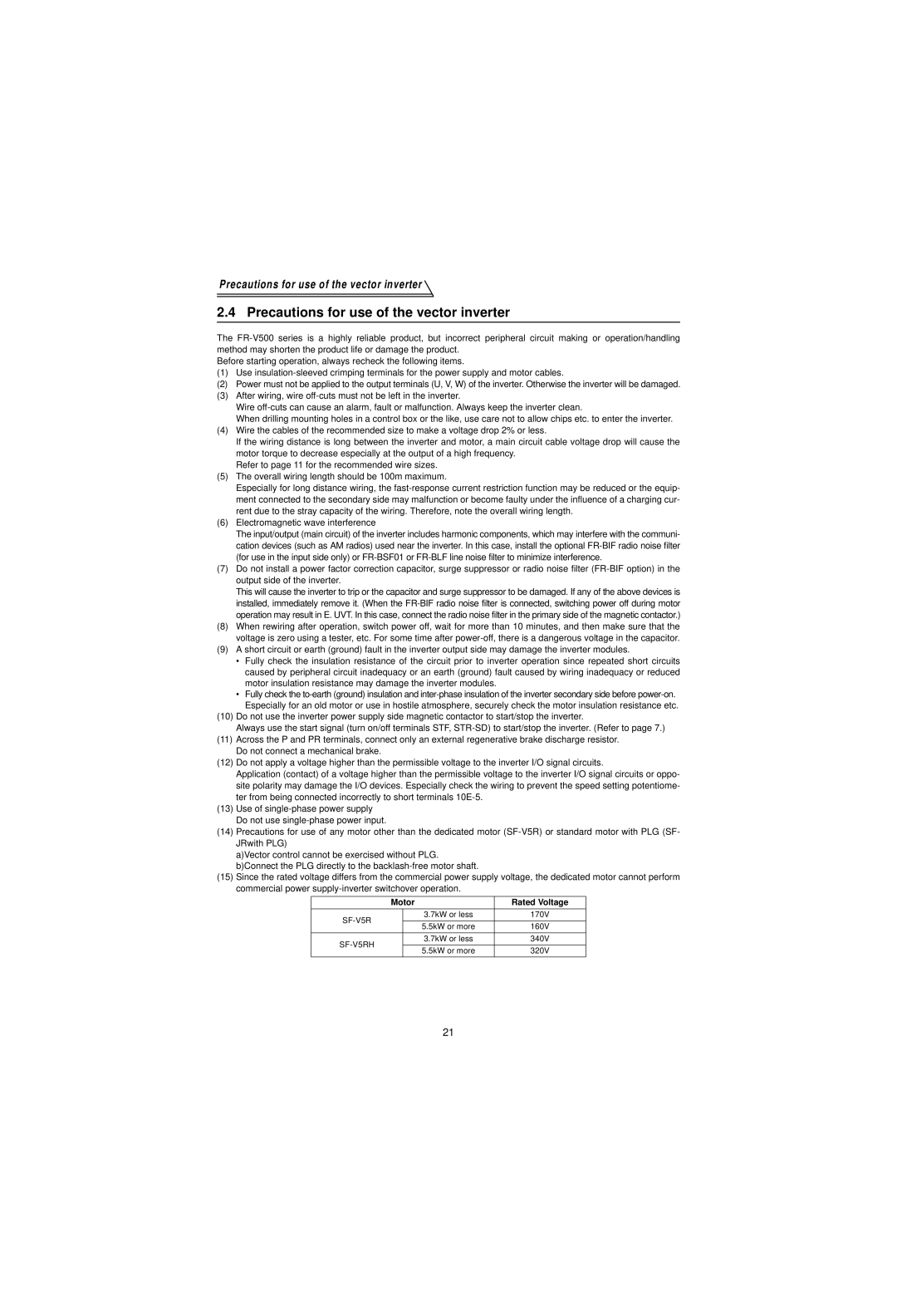 Mitsubishi Electronics FR-V500 instruction manual Precautions for use of the vector inverter, Motor Rated Voltage 