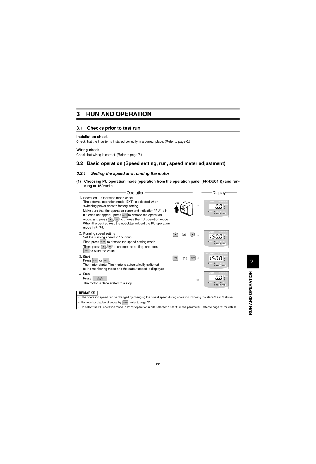 Mitsubishi Electronics FR-V500 Checks prior to test run, Basic operation Speed setting, run, speed meter adjustment 