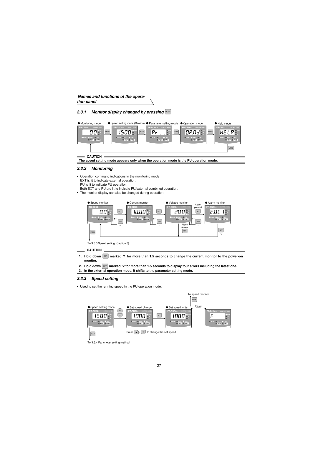 Mitsubishi Electronics FR-V500 Monitoring, Speed setting, Used to set the running speed in the PU operation mode 