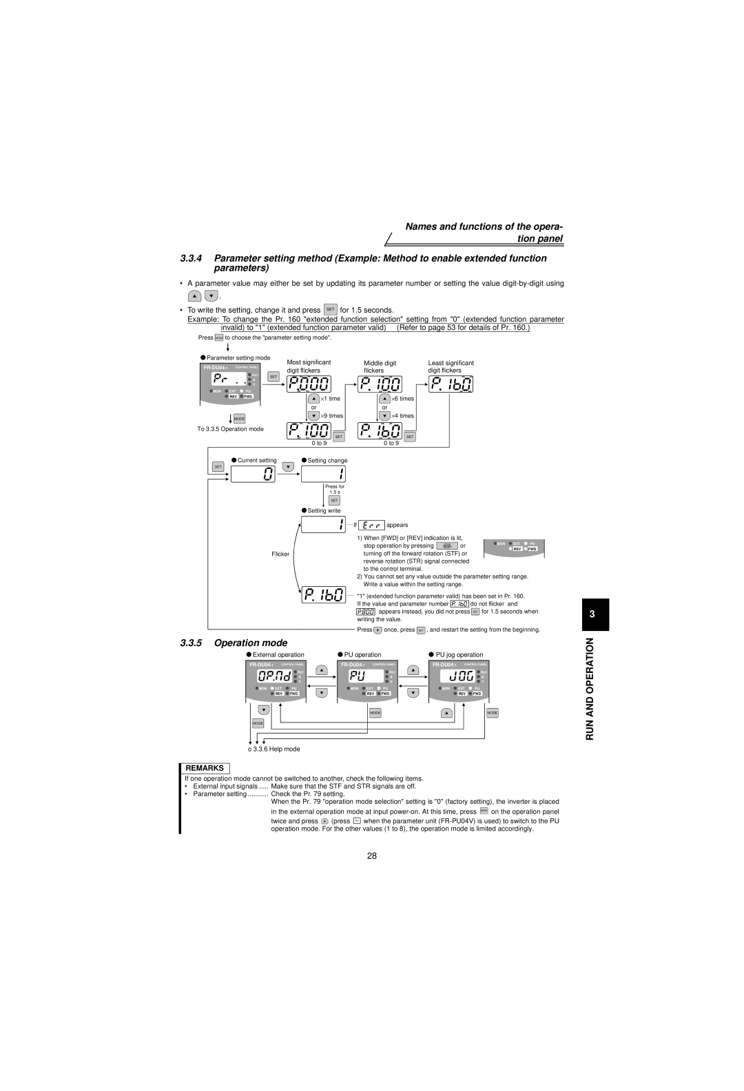 Mitsubishi Electronics FR-V500 Operation mode, Once, press SET , and restart the setting from the beginning 