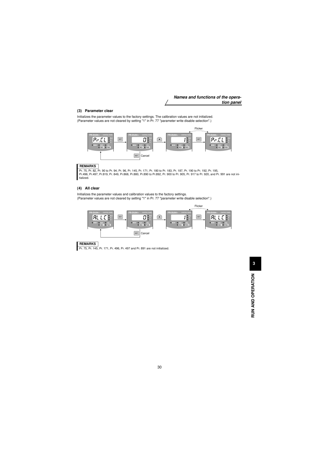 Mitsubishi Electronics FR-V500 instruction manual Parameter clear, All clear 