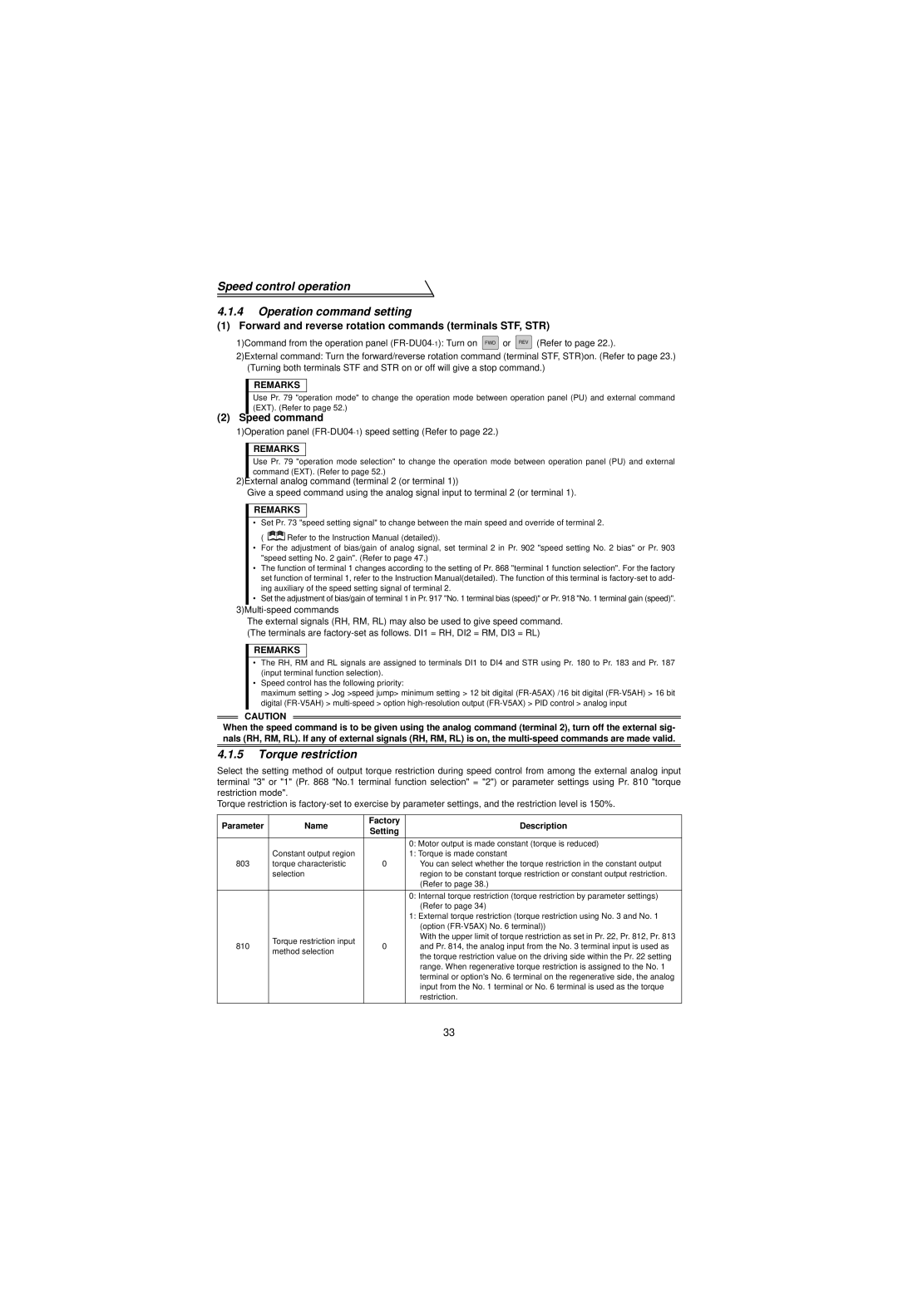 Mitsubishi Electronics FR-V500 Speed control operation Operation command setting, Torque restriction, Speed command 