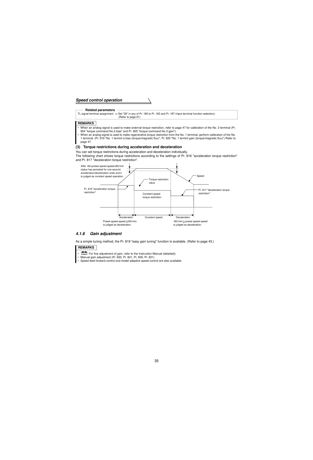 Mitsubishi Electronics FR-V500 instruction manual Gain adjustment, Torque restrictions during acceleration and deceleration 