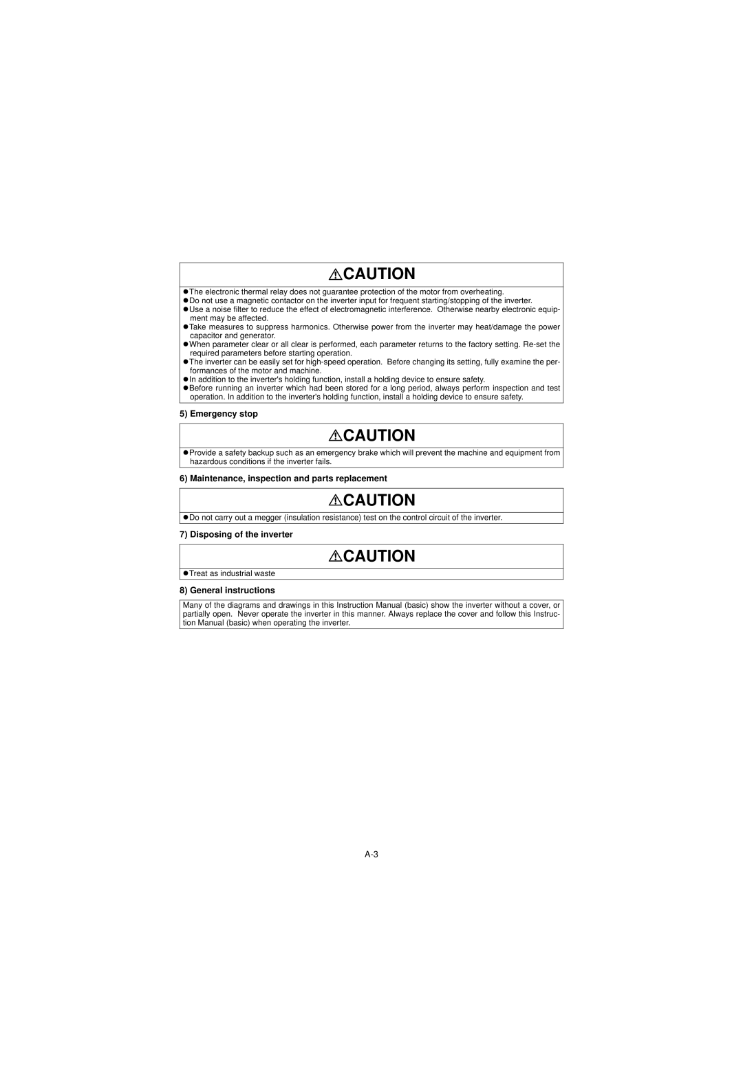 Mitsubishi Electronics FR-V500 Emergency stop, Maintenance, inspection and parts replacement, Disposing of the inverter 