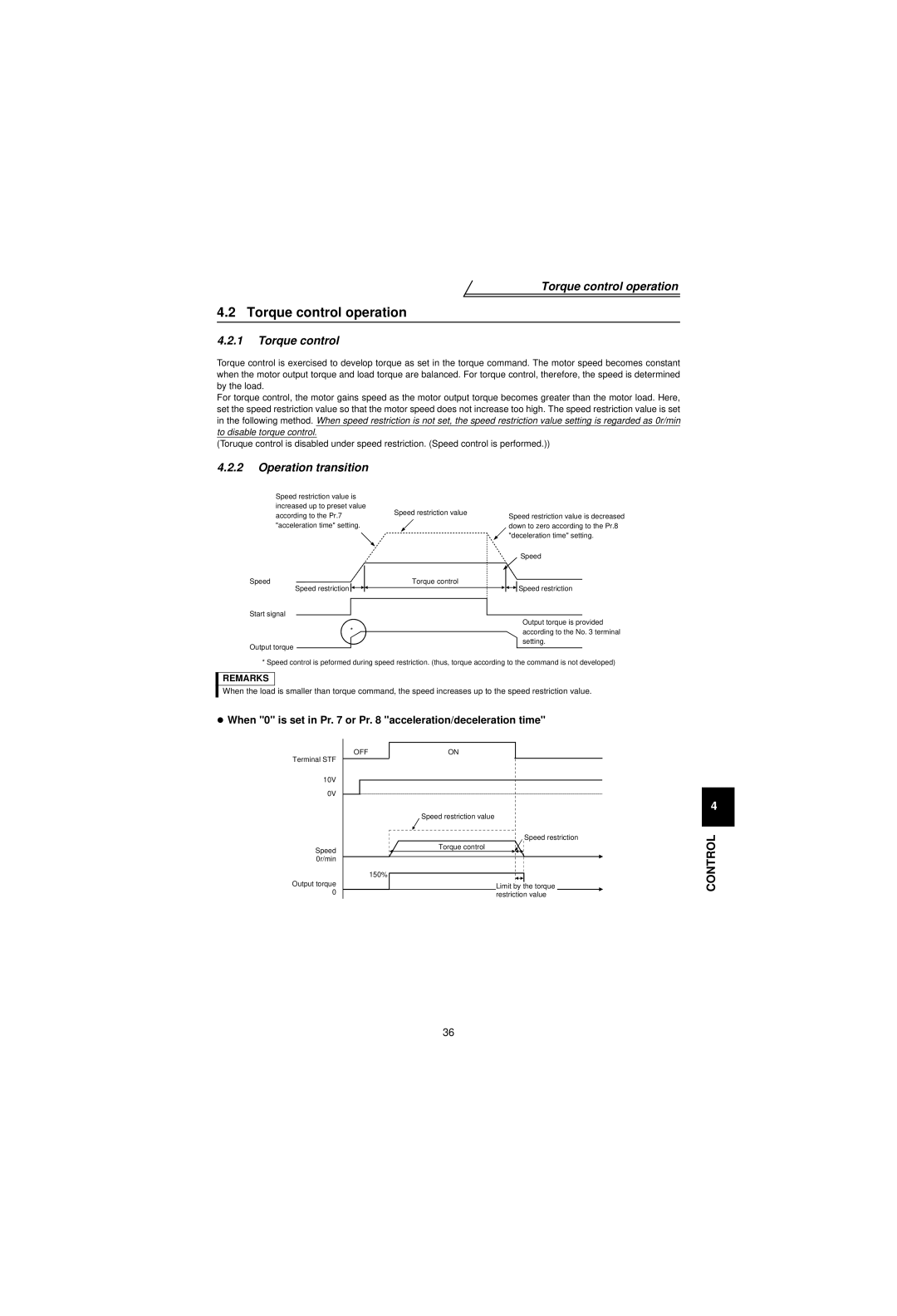 Mitsubishi Electronics FR-V500 Torque control operation, When 0 is set in Pr or Pr acceleration/deceleration time 