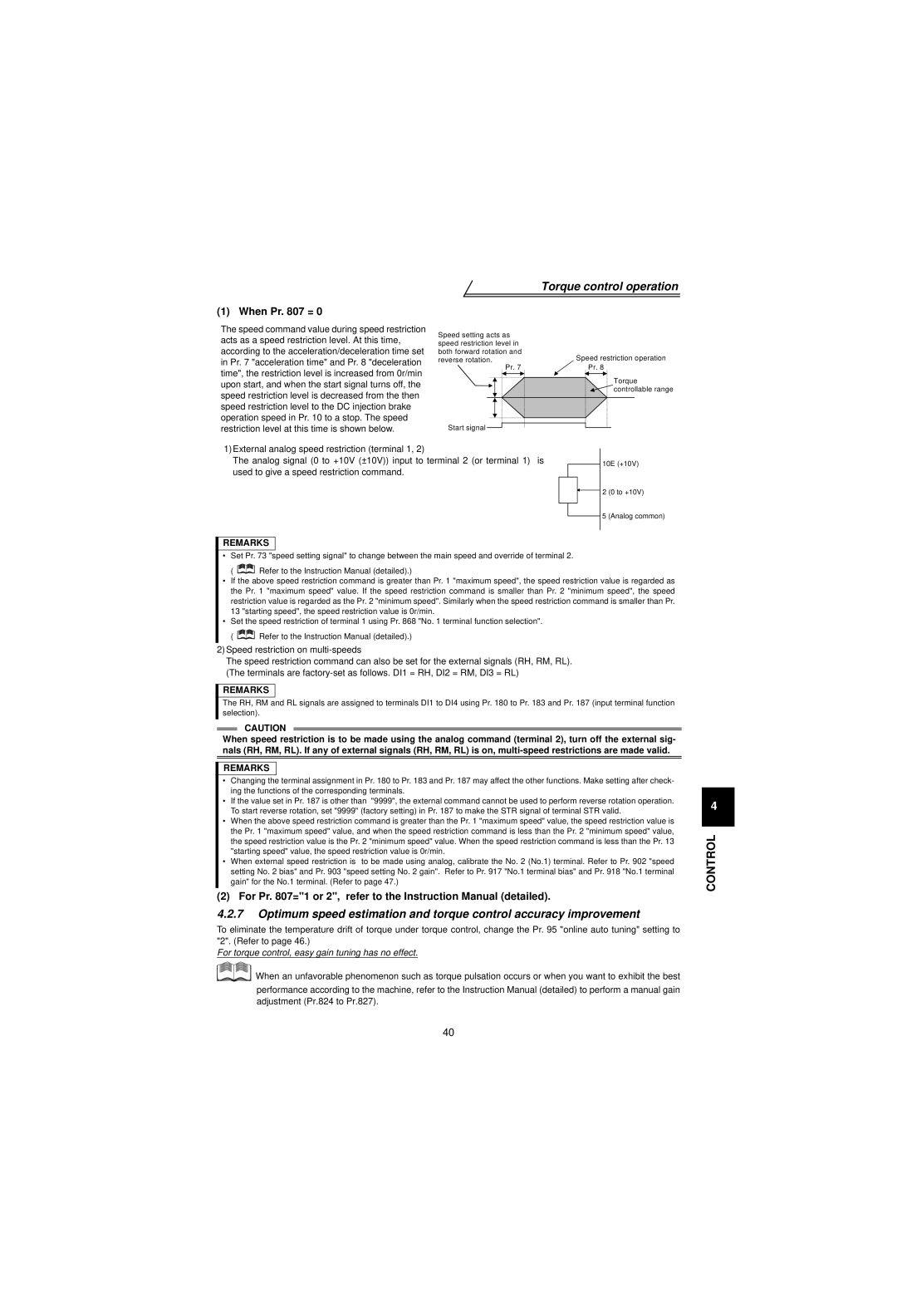 Mitsubishi Electronics FR-V500 instruction manual When Pr =, Used to give a speed restriction command, 10E +10V 