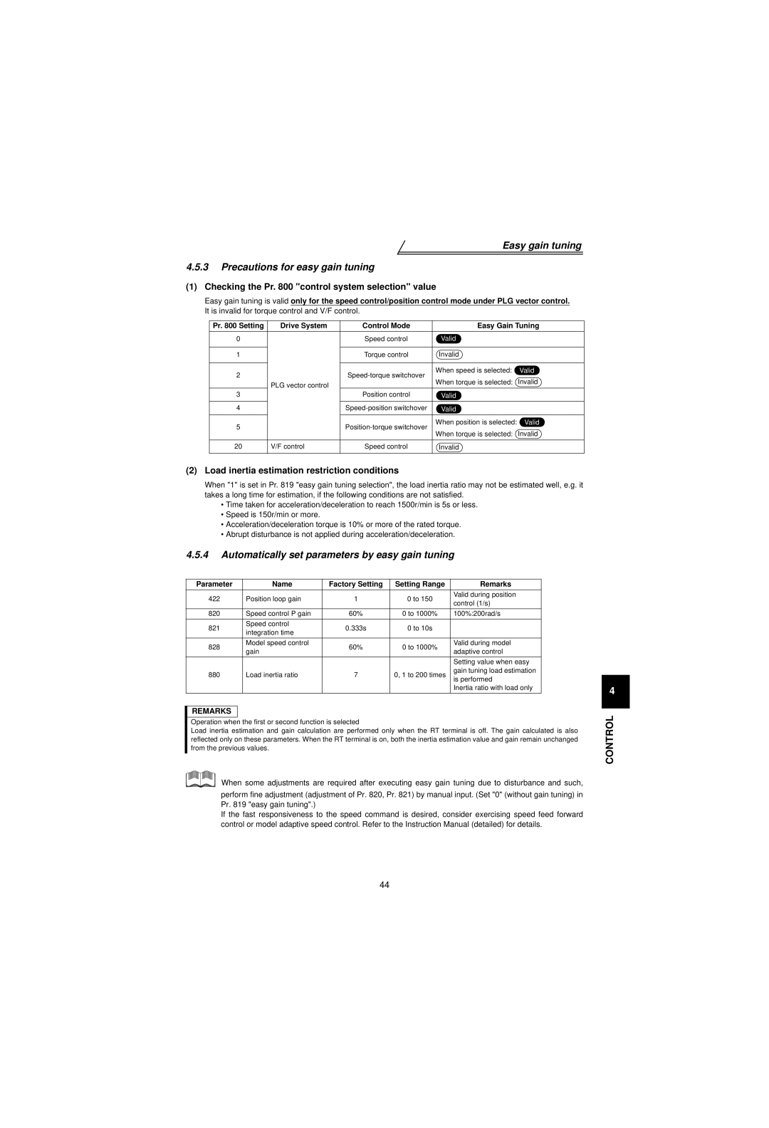 Mitsubishi Electronics FR-V500 instruction manual Easy gain tuning Precautions for easy gain tuning 