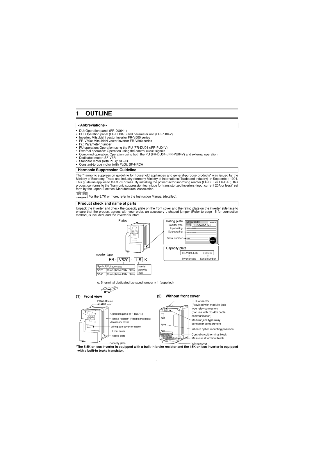 Mitsubishi Electronics FR-V500 Abbreviations, Harmonic Suppression Guideline, Product check and name of parts, Front view 