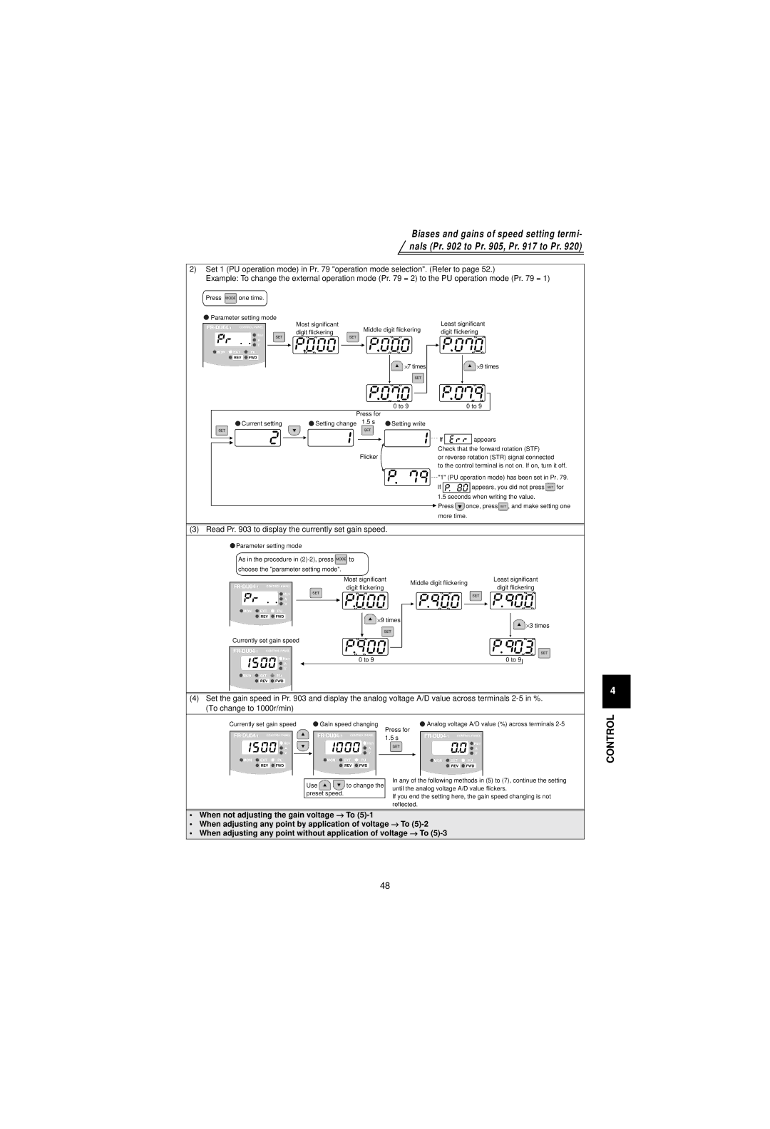 Mitsubishi Electronics FR-V500 instruction manual Read Pr to display the currently set gain speed, Setting change 1.5 s 