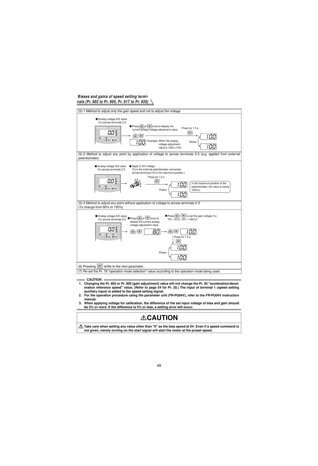 Mitsubishi Electronics FR-V500 Current analog voltage adjustment value, Example When the analog, Value is 100% 