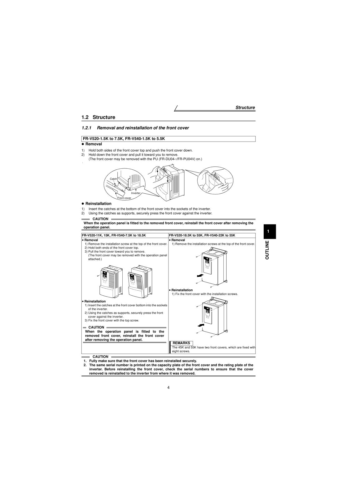 Mitsubishi Electronics FR-V500 instruction manual Structure, Removal and reinstallation of the front cover, Reinstallation 