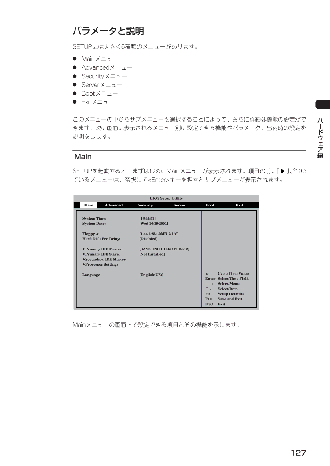 Mitsubishi Electronics FT8600  220Ra manual パラメータと説明, 127, SETUPには大きく6種類のメニューがあります。, Mainメニューの画面上で設定できる項目とその機能を示します。 