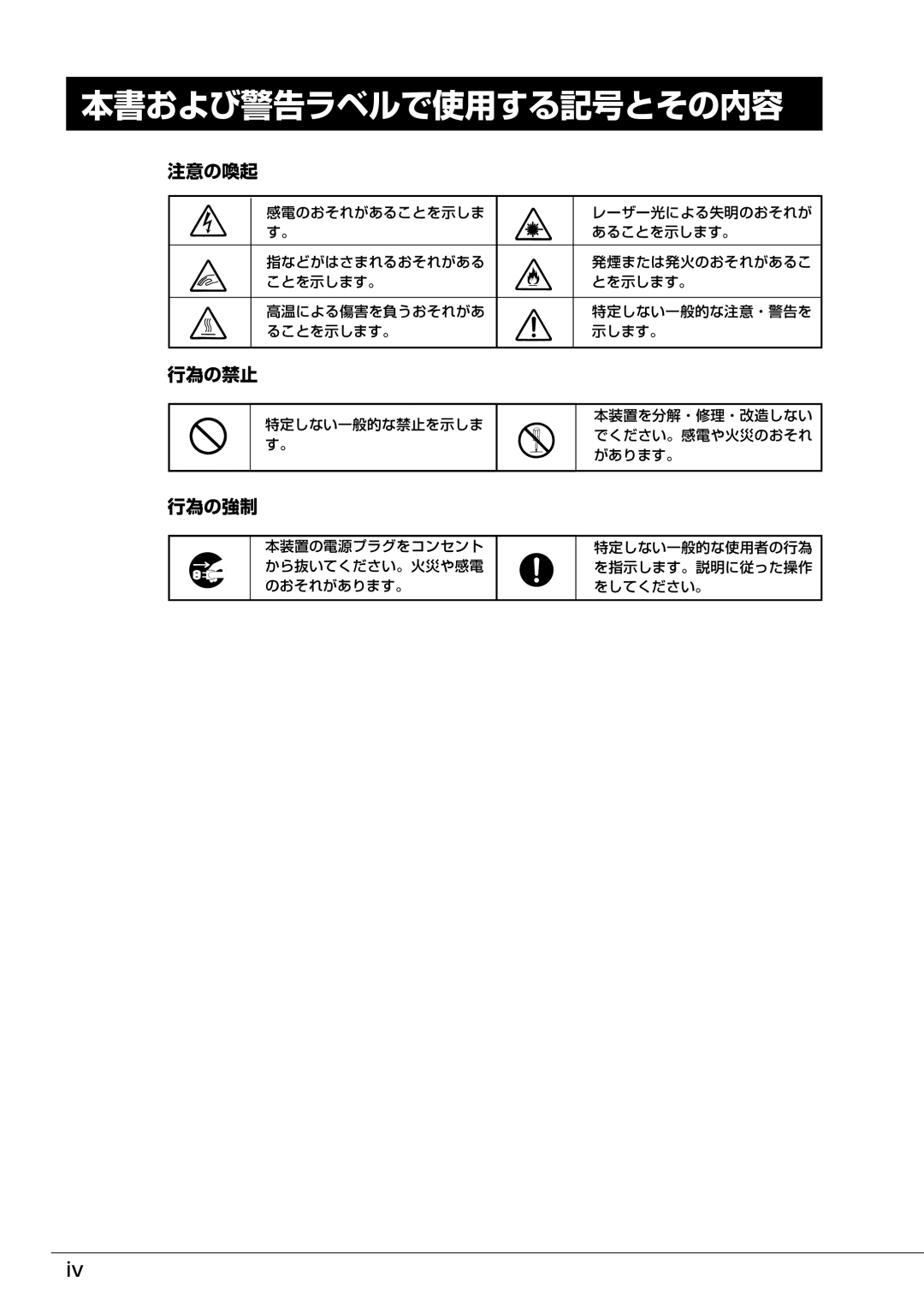 Mitsubishi Electronics FT8600  220Ra 本書および警告ラベルで使用する記号とその内容, 特定しない一般的な禁止を示しま す。 本装置を分解・修理・改造しない でください。感電や火災のおそれ があります。 