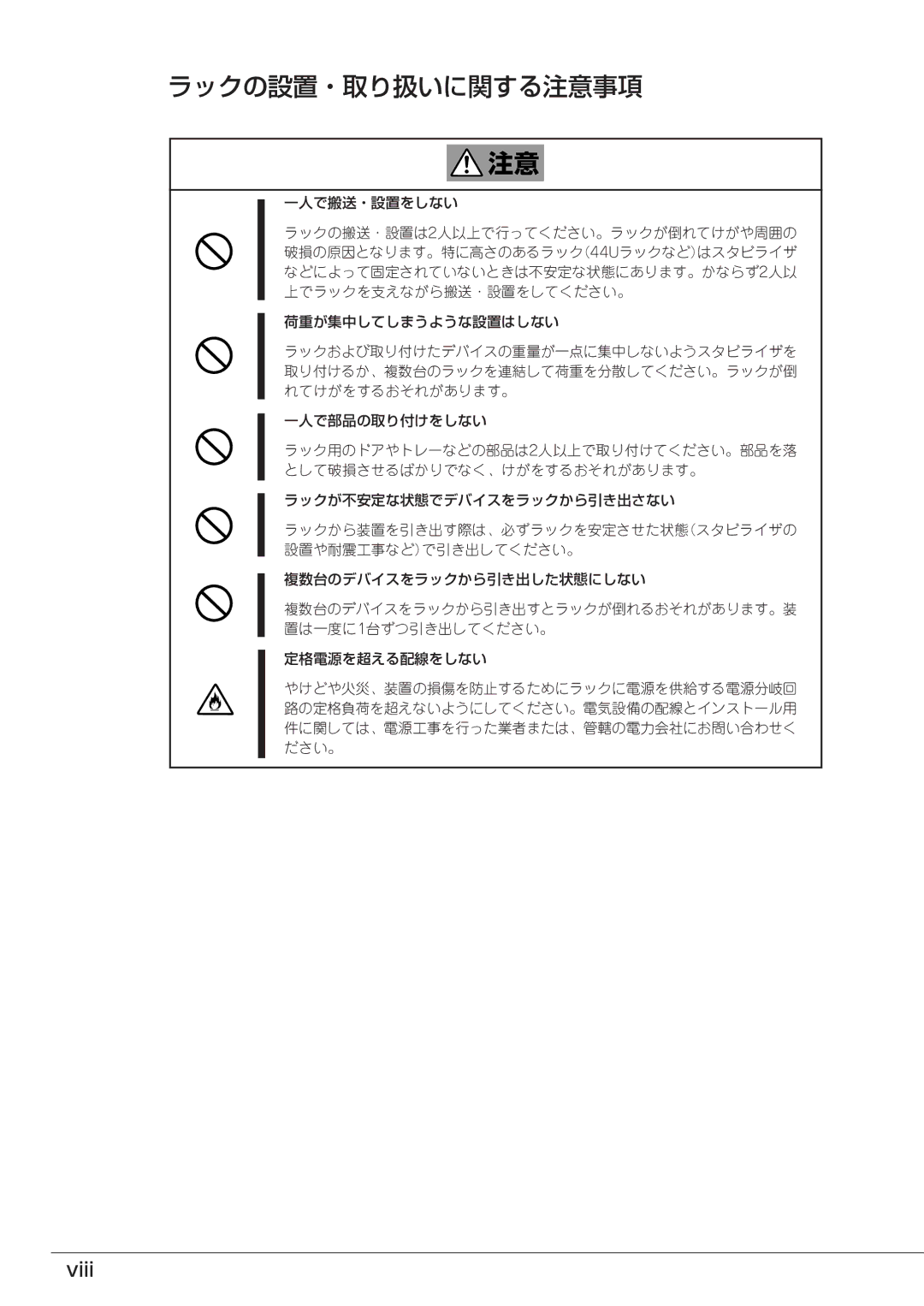 Mitsubishi Electronics FT8600  220Ra manual ラックの設置・取り扱いに関する注意事項, Viii 