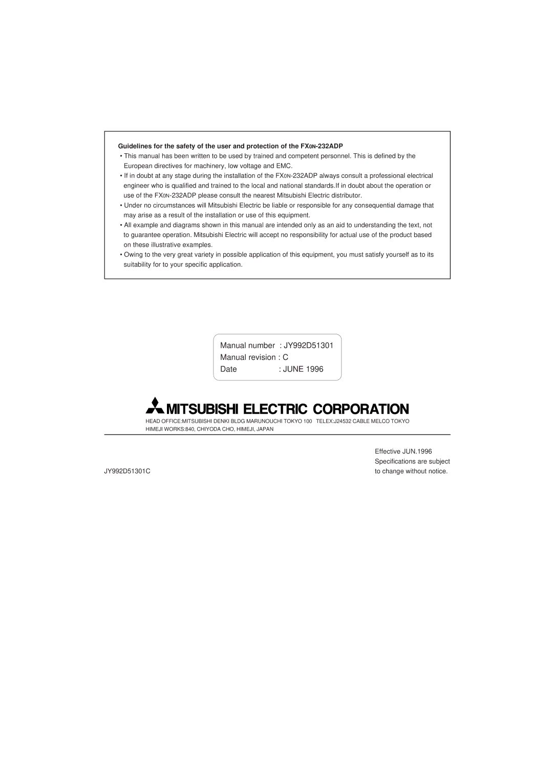 Mitsubishi Electronics FX0N-232ADP manual Manual number JY992D51301 Manual revision C Date June 