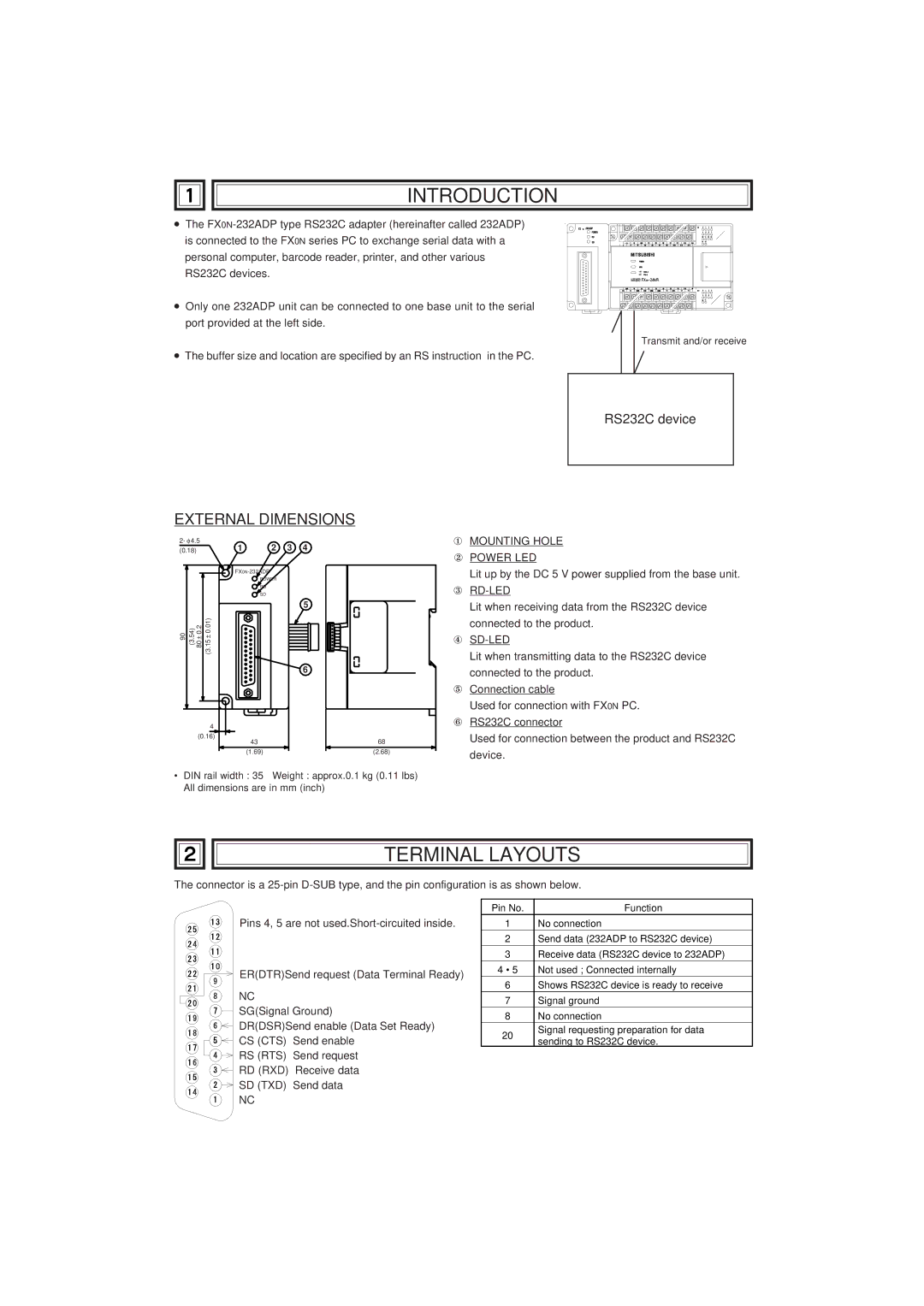 Mitsubishi Electronics FX0N-232ADP manual Introduction, Terminal Layouts, RS232C device 