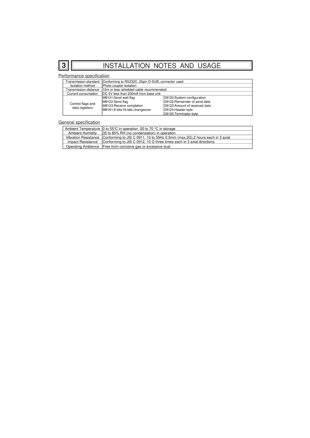 Mitsubishi Electronics FX0N-232ADP manual Installation Notes and Usage, Performance specification, General specification 