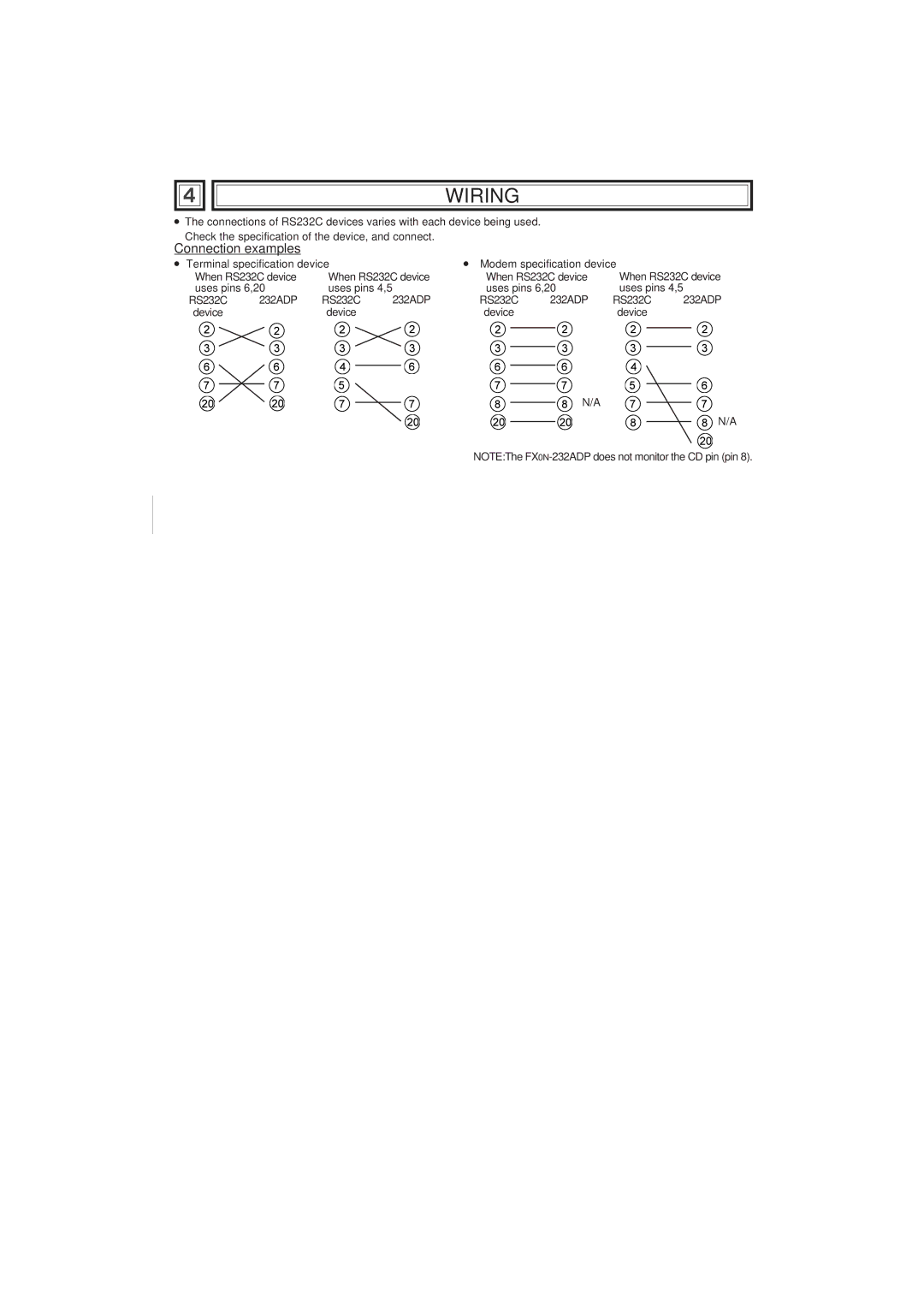 Mitsubishi Electronics FX0N-232ADP manual Wiring, Connection examples 