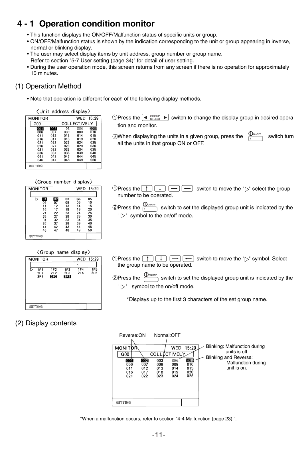 Mitsubishi Electronics G-50A appendix Operation Method, Display contents 