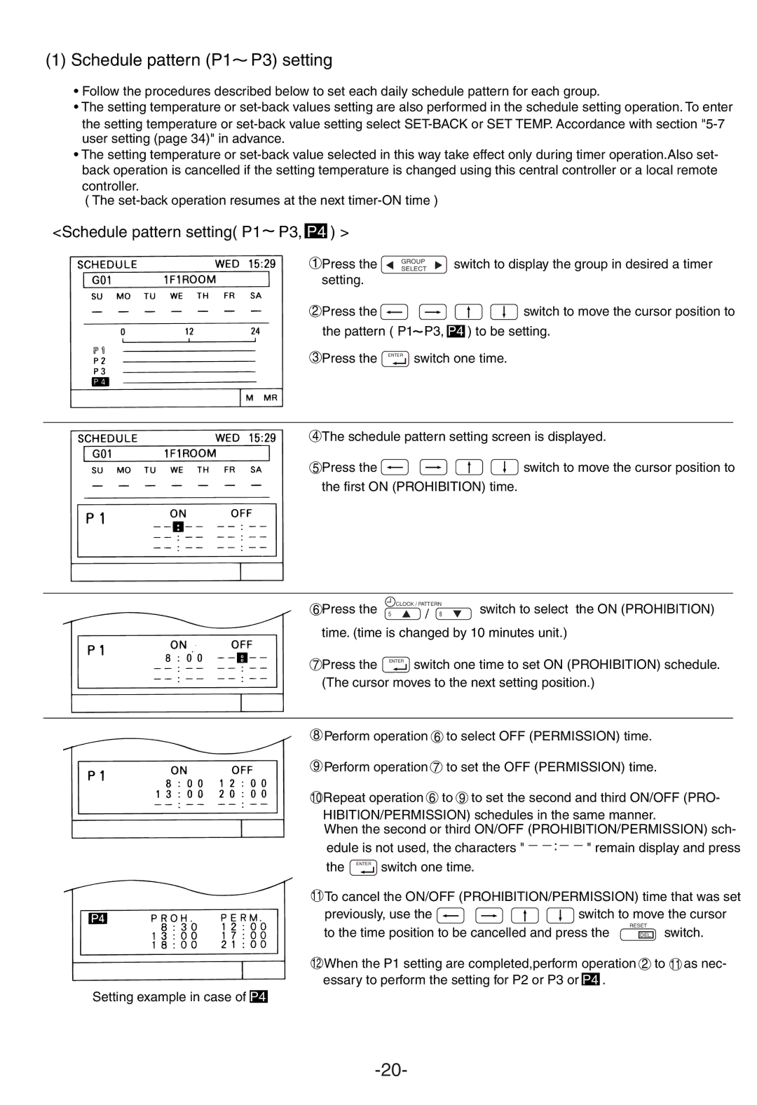 Mitsubishi Electronics G-50A appendix Schedule pattern P1 P3 setting, Schedule pattern setting P1 P3, P4 