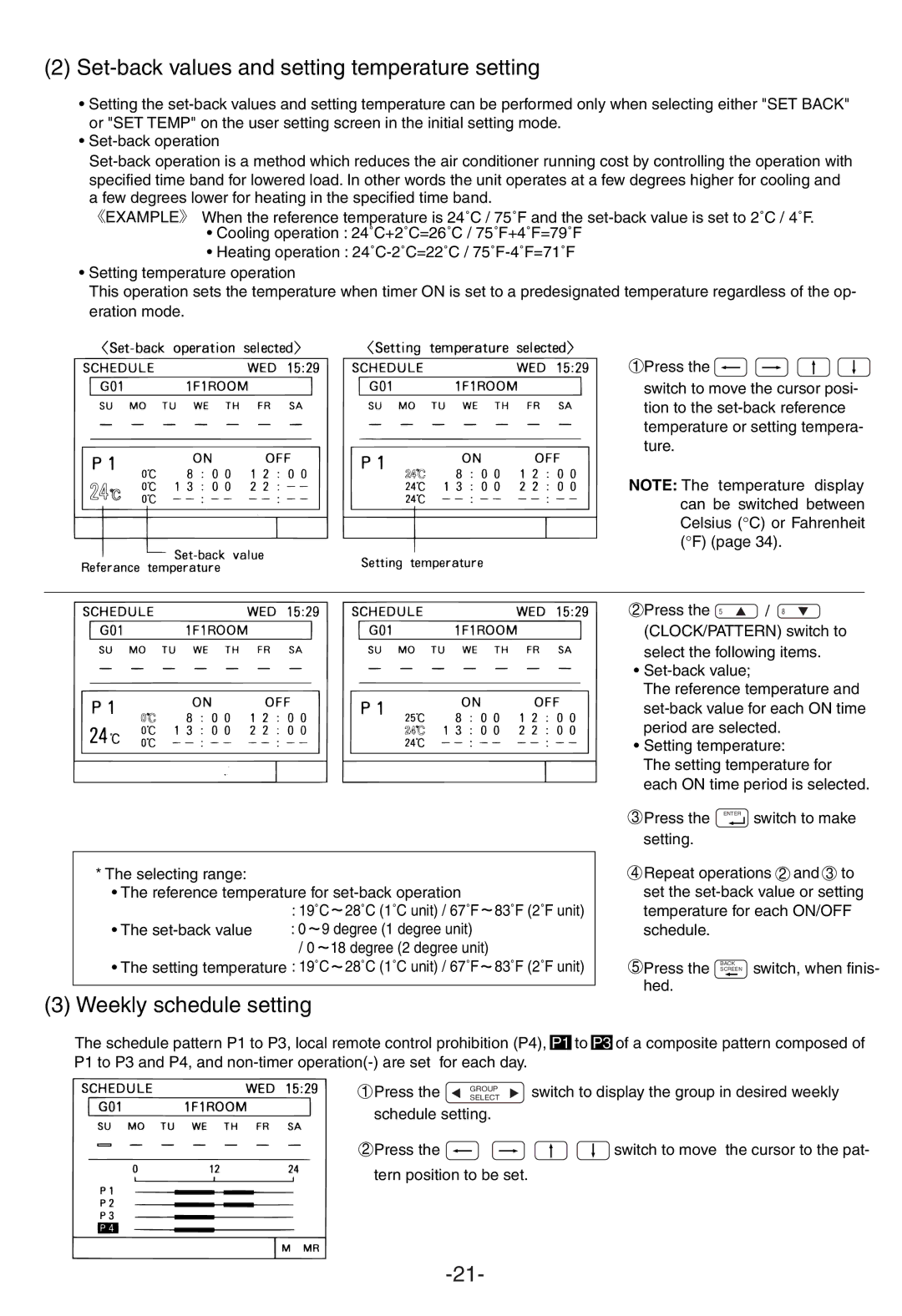 Mitsubishi Electronics G-50A appendix Set-back values and setting temperature setting, Weekly schedule setting 