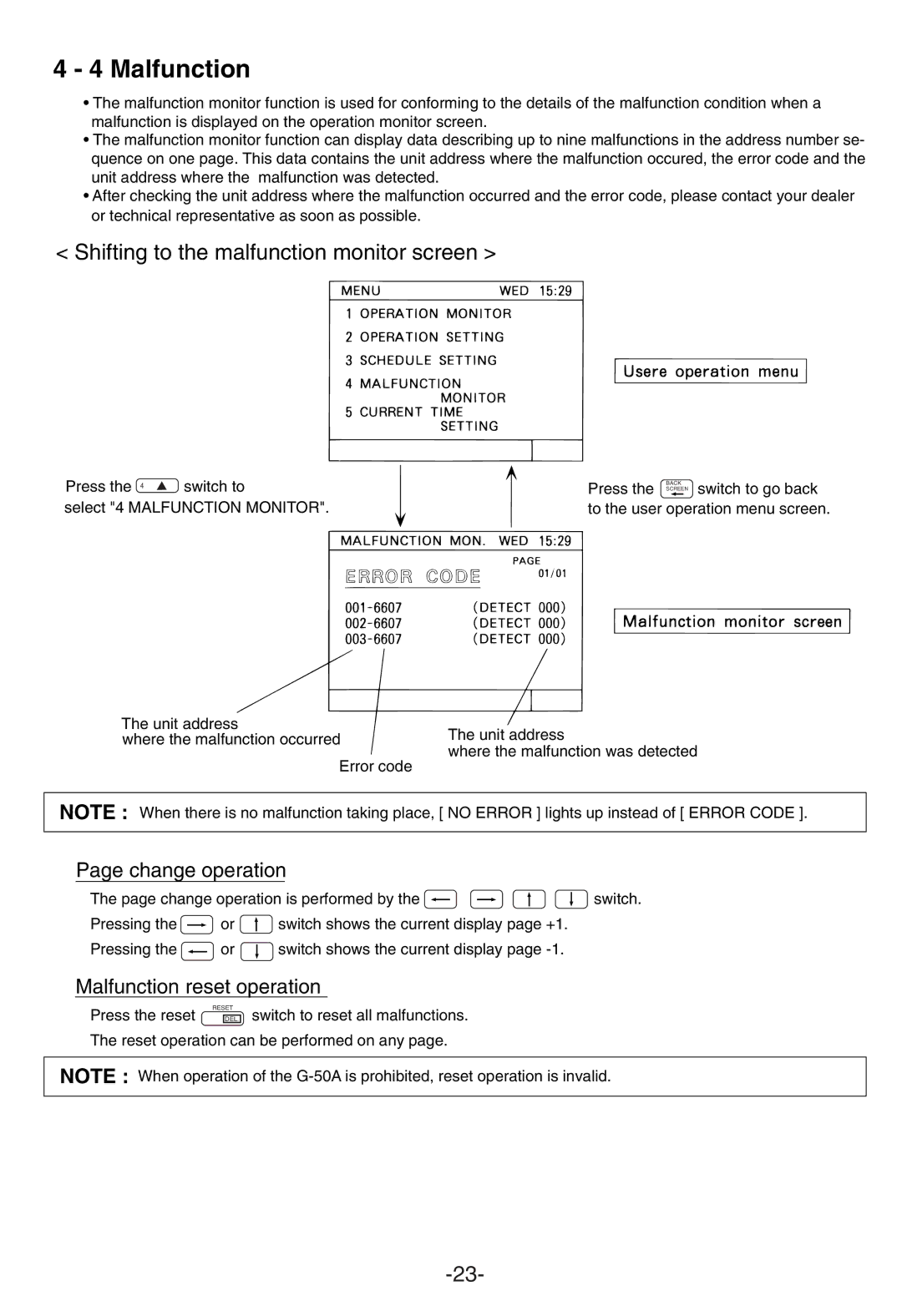 Mitsubishi Electronics G-50A Shifting to the malfunction monitor screen, Change operation, Malfunction reset operation 