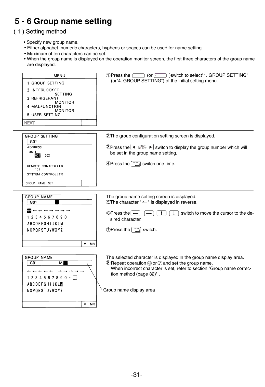 Mitsubishi Electronics G-50A appendix Group name setting, Setting method 