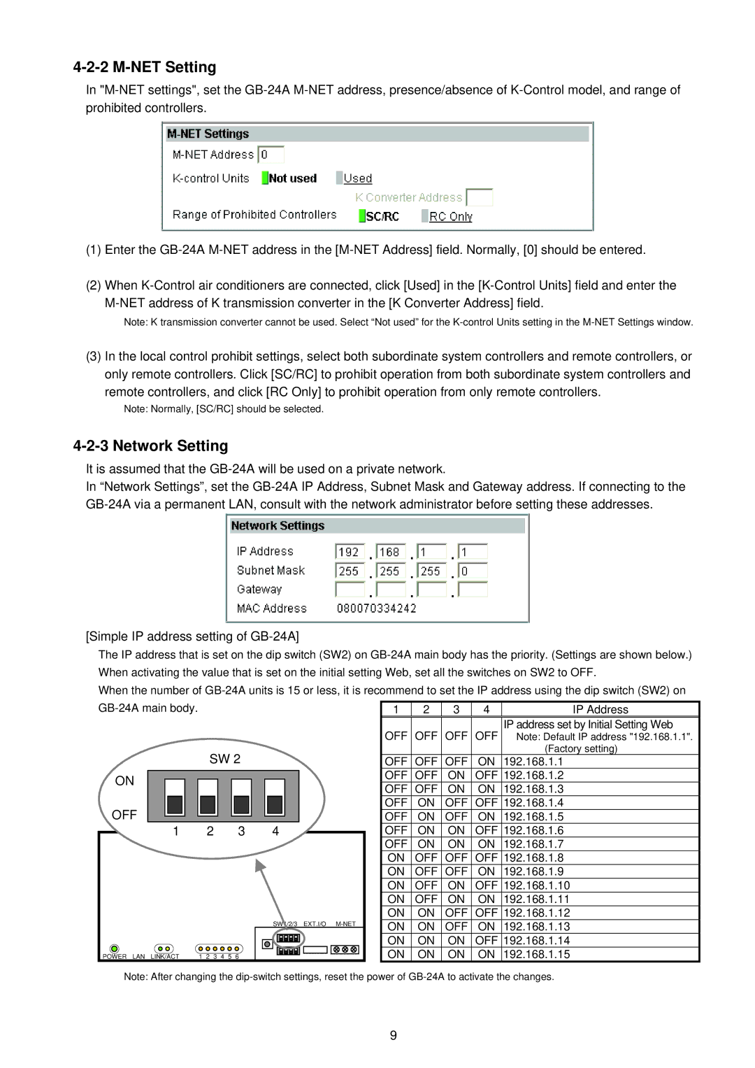 Mitsubishi Electronics GB-24A operation manual NET Setting, Network Setting 