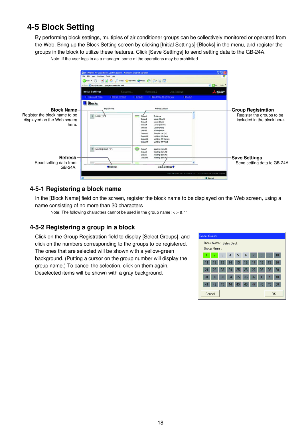 Mitsubishi Electronics GB-24A operation manual Block Setting, Registering a block name, Registering a group in a block 